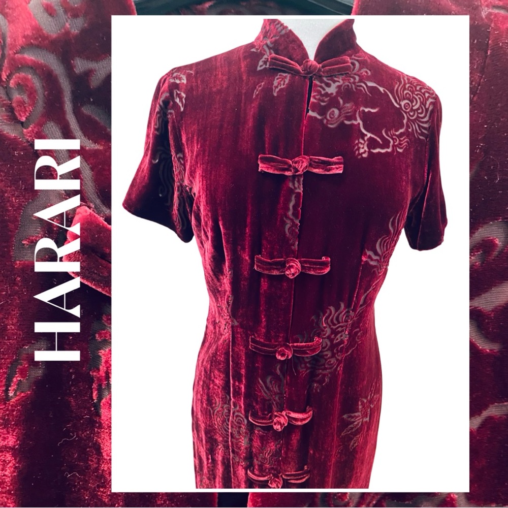 HARARI Long Dress Burgundy Burntout Silk Velvet Asian Motif Koi Fish M New